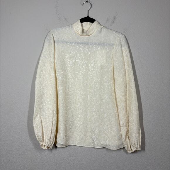Theory Womens Size Small Mock Neck Top Cream Silk Cloque Floral Long Sleeves